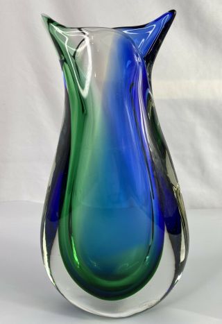 Mid - Century Murano Sommerso Faceted Glass Vase Green/blue Cat Like Modern,  Heavy