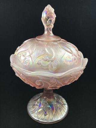 Fenton Pink Opalescent " Lily Of The Valley " Candy Dish Compote With Lid - Look