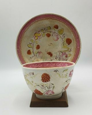 Staffordshire Strawberry Soft Paste Pink Cup And Saucer 1800s