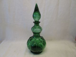 Green Empoli Art Glass Decanter W/ Stopper Genie Bottle Bubble Design