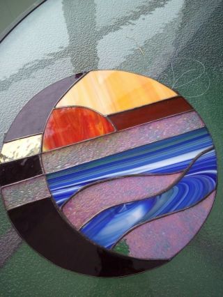 Stained Glass Panel Sunset Design,  Hand Crafted,  Usa Round
