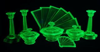 Bagley Art Deco Green Uranium Glass Dressing Table Set - 8 Piece - Fan Theme