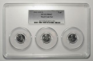 1943 D,  P,  S 1c Lincoln Steel Wheat Cent Pcgs Ms 62 Three Coin Set Tri - Holder