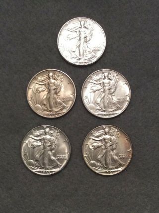 Walking Liberty Half Dollar (5) 1942,  1943,  1944,  1945,  1946 (cleaned)