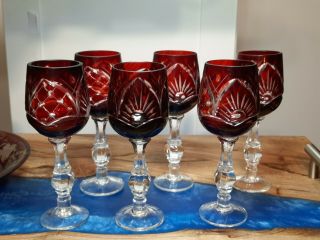 Set Of 6 Ruby Red Cut To Clear Bohemian Czech 5 - 3/8 Sherry Crystal Stemware