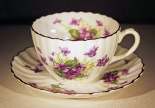 Vintage Radfords English Bone China Violet Pattern Tea Cups With Saucers