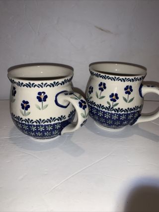 Set Of 2 Boleslawiec Pottery Mugs Handmade In Poland Blue Flowers