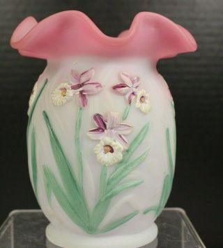 Fenton Art Glass Hand Painted Blue Burmese Daffodil Vase Signed Scott Fenton