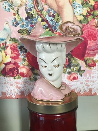 Vintage Lady Head Vase - Unmarked - Pink Hat With Raised Rose - Gold Trim