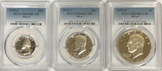 1976 - S Bicentennial Silver - Quarter,  Half,  Ike Dollar - Pcgs Pr - 69dcam 3 Coin Set