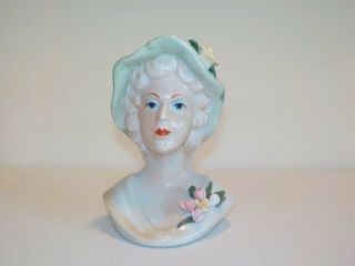 Vintage 5” Unmarked - Head Vase - Lady With Corsage & Flower On Her Hat
