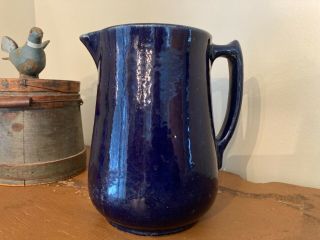 Pretty Antique Primitive Solid Blue Cobalt Glaze Stoneware Pitcher - Early 1900s