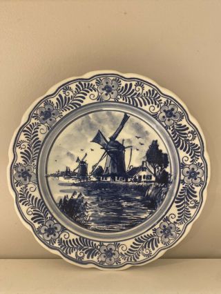 Vintage Delft Holland Hand Painted Wall Plate Blue & White Windmills