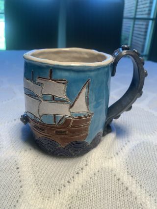 Studio Pottery Handmade Mug Sailing Ship With Octopus