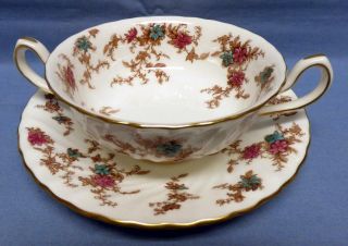 Minton Ancestral Pattern - S - 376 Footed Cream Soup Bowl &saucer Enameled Flowers