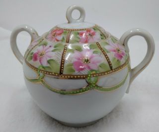 Vintage Handpainted Nippon Small Lidded Sugar Bowl Floral Pinks & Green Japan