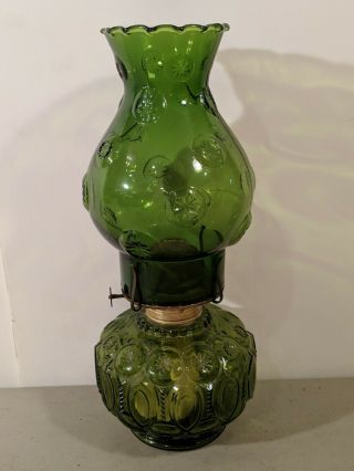 Vintage 12 " Tall Green Moon And Stars Glass Oil Kerosene Lamp
