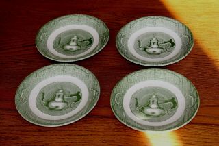 Four Old Curiosity Shop Royal China Usa Small Salad Plates Currier & Ives Green