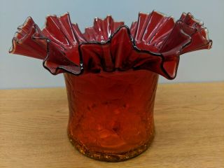 Vintage Large Amberina Crackle Glass Ruffle Top Hat Vase