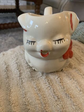 Vintage Shawnee Pottery Creamer Pitcher Smiley Pig With Red Bow 5288