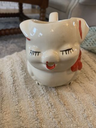 Vintage Shawnee Pottery Creamer Pitcher Smiley Pig with Red Bow 5288 2