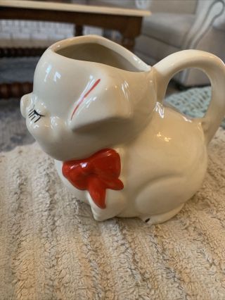 Vintage Shawnee Pottery Creamer Pitcher Smiley Pig with Red Bow 5288 3