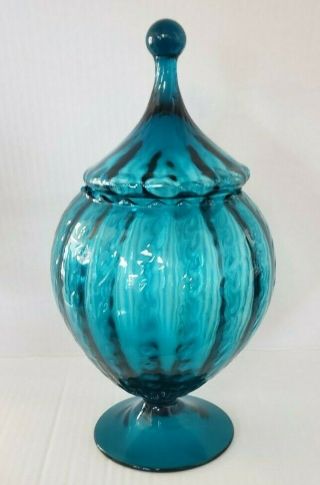 Vntg Mcm Teal Blue Empoli Italy Art Glass Circus Tent Apothecary Candy Jar Lid