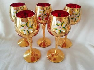 Vintage Set Of 5 Chez Bohemian Stemmed Glasses Ruby Red Gilded Gold 6 3/4 Inche