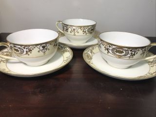 Vintage Hand Painted Nippon White And Gold Moriage Tea Cup & Saucer Set Of 3