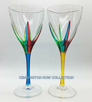 Positano Wine Glasses - Set/2 - Yellow & Turquoise - Hand Painted Venetian Glass