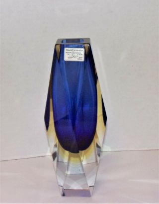 Mandruzzato Murano Hand Worked Art Glass Blue & Yellow 8 " Vase
