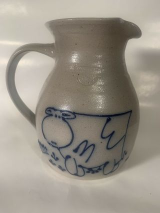 Antique Salmon Falls Stoneware Pottery,  Pitcher,  1992,  Blue Cow,  Dover Nh
