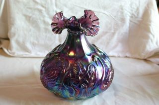 Fenton Glass Amethyst Carnival Embossed Swans/cattails Ruffle Edge 8 " Vase