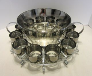 Dorothy Thorpe Mid - Century 15 Pc Silver Fade Punch Set 12 Glasses,  Metal Caddy