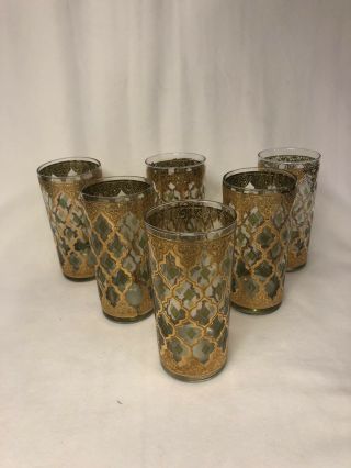 Vintage Culver Signed Set Of 6 Gold And Green Highball Glasses,  Mid Century