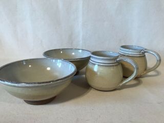 2 Hand Crafted Studio Art Pottery Coffee Mugs W/ 2 Matching Cereal Bowls - Signed