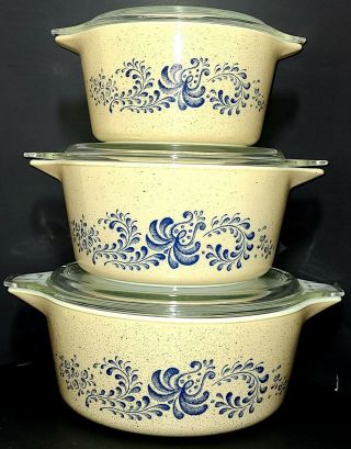 Pyrex Homestead Casserole Dish Set Vintage Beige & Blue With Lids 473 - 475 - B