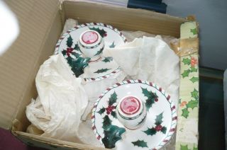 2 Vintage Christmas Lefton China Hand Painted Holly Chamber Candle Holders