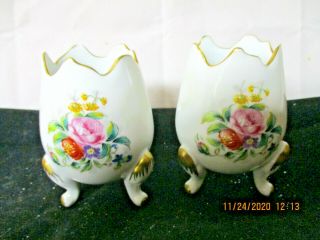 (2) Vintage Limoges 3 Footed Egg Shaped White Floral Gold Decorations Vase 3 "