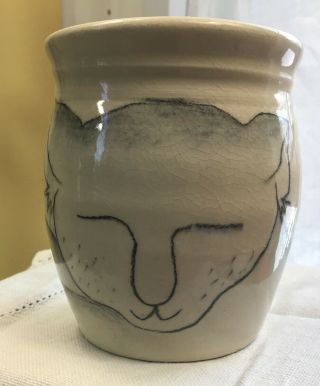 Vtg Hand Thrown Pottery Small Mug Hand Painted Sleepy Cat Pink Paw Artist Signed