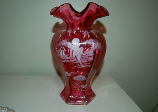 Vintage Fenton Mary Gregory Cranberry Art Glass Ruffled Signed Numberd Vase