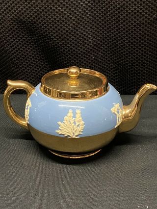 Gibsons Teapot Mid - Century Gold,  Blue And White Ironstone Staffordshire England