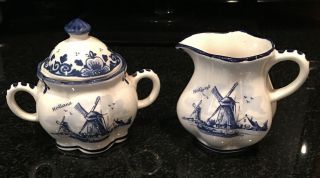 Vintage Delft Blue Hand Painted Cream And Sugar Set Holland