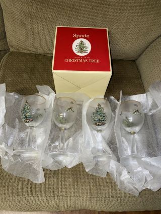 Vintage Spode Christmas Tree All Purpose Wine Glasses Set Of 4 7 " Tall