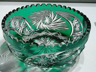 Germany Schonborner Bleikristall Emerald Green Cut To Clear 6 " Dia Crystal Bowl