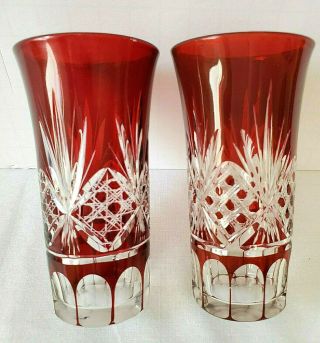 Two Vintage Czech Bohemian,  Cut To Clear Ruby Red,  Shot/cordial Glasses