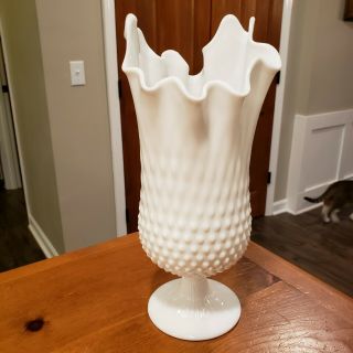 Vintage Fenton Large Footed Ruffled Top Swung Hobnail Milk Glass Vase 12.  5 " H