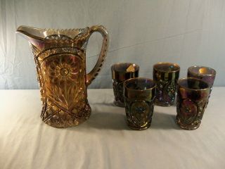 Imperial Peacock Carnival Glass Mayflower Water Set - Pitcher & 5 Tumblers