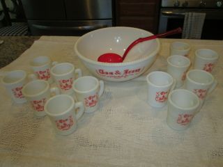 Vintage Mckee Tom And Jerry Punch Bowl With 12 Cups And Red Ladle