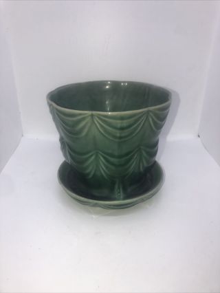 Brush Mccoy Usa Vintage Green Pottery Planter Scalloped Sides Flower Pot 328 - 6